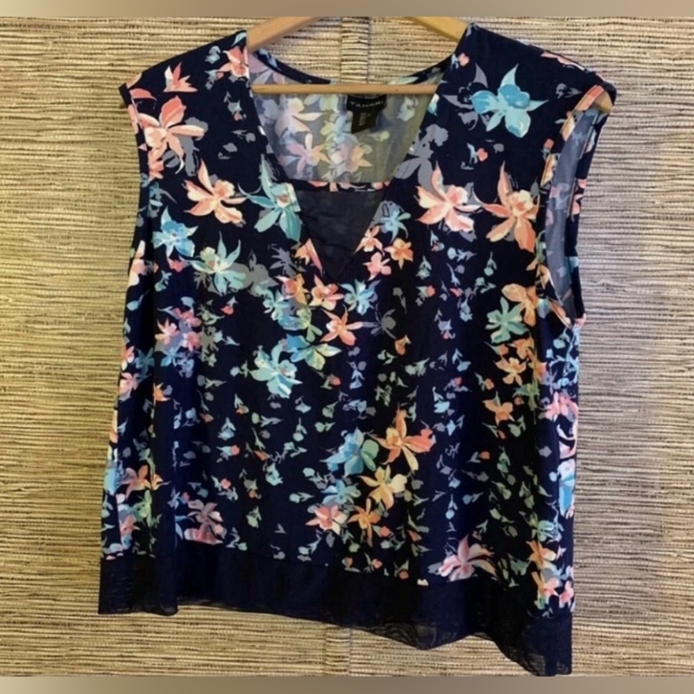 Tahari Top Women’s Size Large Blue Floral Sleeveless Mesh Accent Jersey Stretch